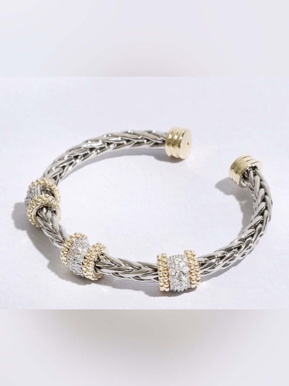 Two-Tone Braided/Woven Wheat Cuff with 3 Barrel Pavé Stations